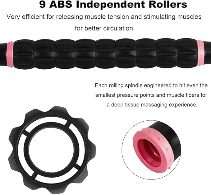 YANSYI Muscle Roller - Professional Deep Tissue Massage Stick with 9 Rollers for Athletes, Portable Soreness Relief for Back & Leg Pain, Post-Workout Recovery Tool (Pink)