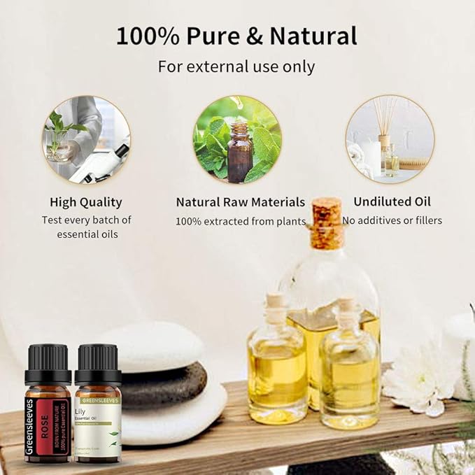 GREENSLEEVES Rose and Lily Essential Oil Set, 100% Pure Oils for Diffuser, Humidifier, Massage - 2 x 10ml