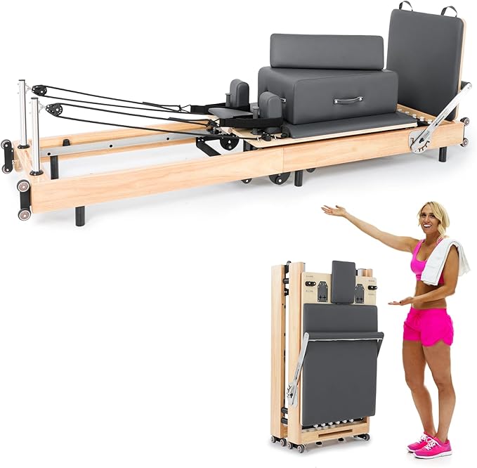 Pilates Reformer Machine,Oak Wood Home Pilates Equipment, Foldable Pilates Reformer with Reformer Box, Jump Board for Home Workouts and Body Exercises, Suits for Studio Gym Yoga