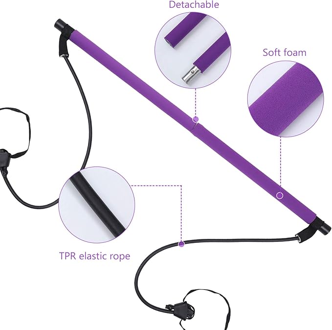 Adjustable Fitness Rod with Foot Strap for Full Body Workout Portable Bodybuilding Equipment for Women and Men for Home Exercise Shaping Purple