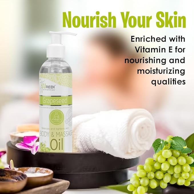SPA REDI - Massage Oil, Grapeseed, 8 Oz - Professional Full Body Massage Therapy, Manicure, Pedicure - Relax Sore Muscles and Repair Dry Skin, Enhanced with High Absorption Oils and Vitamin E