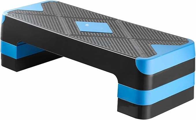 Aerobic Exercise Step Platform, 28-Inch Workout Aerobic Stepper, Height Adjustable Fitness Training Step Deck Trainer with 4 Risers, Non-Slip Surface Bench for Home Gym Cardio Strength, Blue