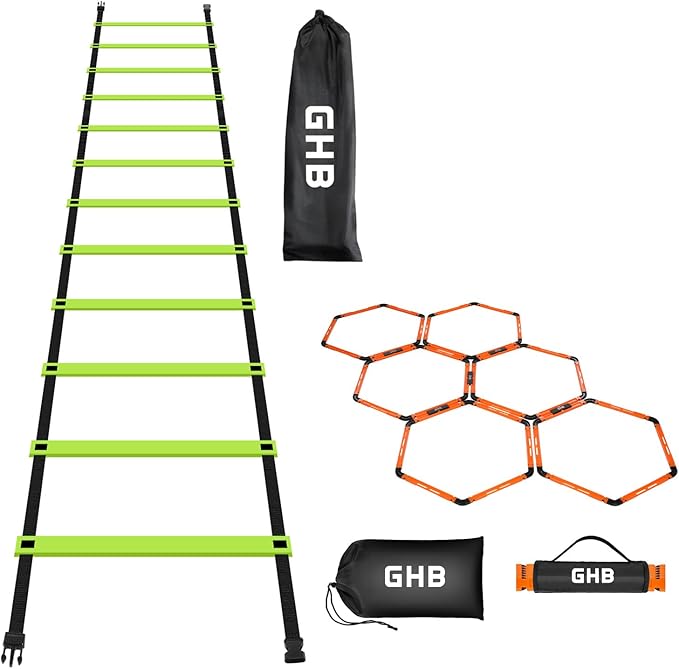 GHB Agility Ladder 1 Pack and Hex Agility Rings 1 Pack 12 Rung 20ft with 3 Carrying Bag
