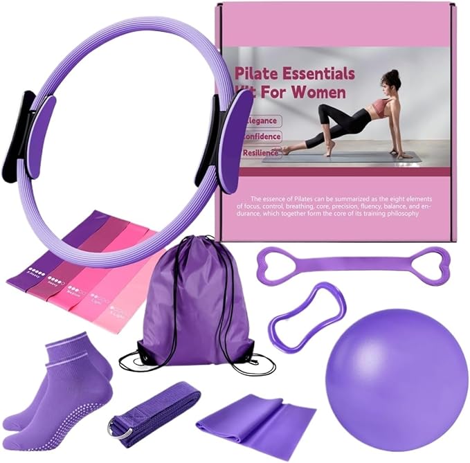 Home Pilates Essentials Kit for Women - Complete Workout Set with Ball, Bands & Ring Ideal for Beginners at (Purple)
