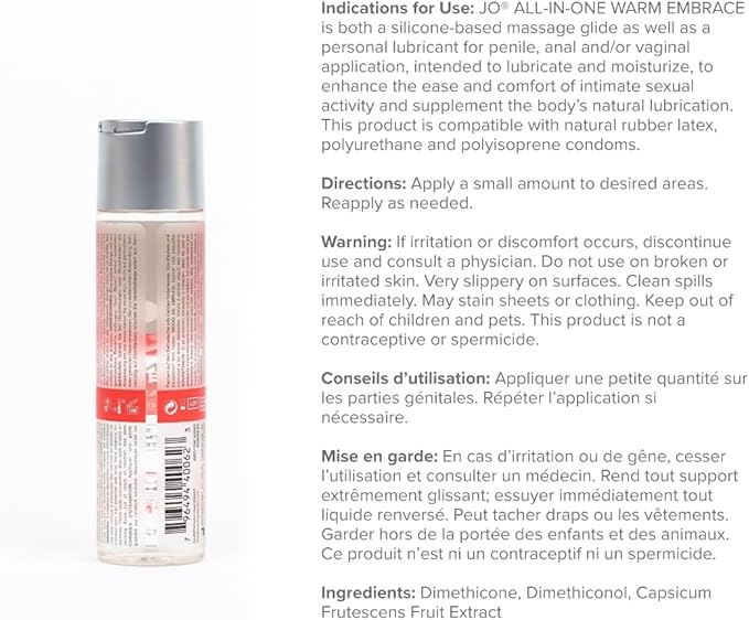 JO All-in-One Warming Silicone Massage Oil – Fragrance Free Long Lasting Personal Lube & Massage Glide – 4 fl oz