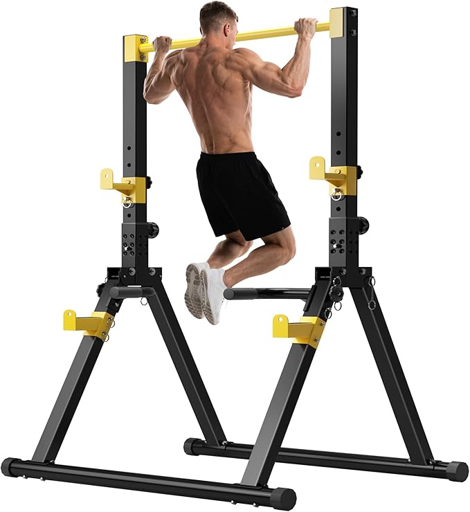 SogesHome Power Tower Dip Station Pull Up Bar for Home Gym, Adjustable & Foldable Multifunction Fitness Workout Station with Triangular Stability Design for Strength Training
