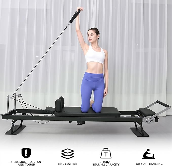 Foldable Pilates Reformer Machine for Home Workouts, Premium Yoga Studio Equipment with Adjustable Resistance, Full Body Fitness Training for All Levels Black