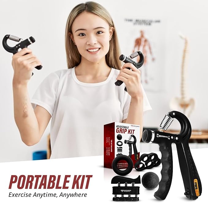 Hand Strength Kit With Finger Exerciser, Stretcher, Forearm Grip Adjustable Gripper, Exercise Ring and Stress Relief Ball for Athletes Muscle Trainer. Black