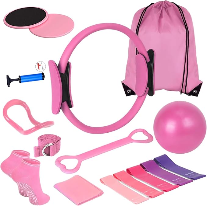 15PCS Pilates Kit for Home Workouts, Pilates Equipment with 14.9" Pilates Ring and Ball, Resistance Bands, Ankle Weights, Sliders & Grip Socks Accessories for Women Full Body Shaper