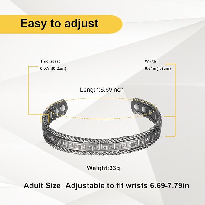 Copper Bracelets for Men Women,6.69in Pure Copper Adjustable Retro Fashion Silver Magnetic Bracelet, Magnetic Jewelry Present(2047s)