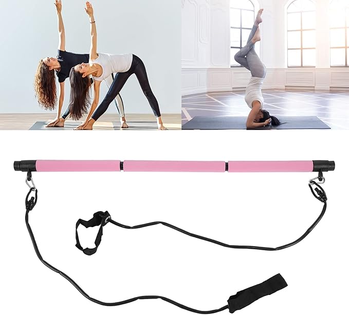 3 Sections Pilates Bar, Pilates Exercise Stick with 2 Tension Straps, Detachable Yoga Pull Rods for Full Body Workout, Home Gym Fitness Equipment for Men and Women