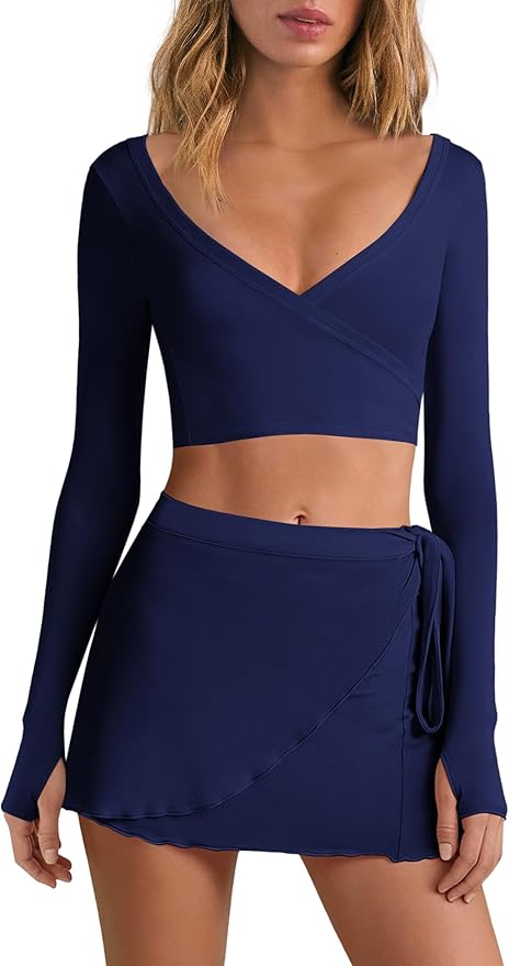 Nirovien Womens 2 Piece Workout Sets Sexy Pilates Outfits Athletic Gym Yoga Sets Ballet Wrap Top and Skirt