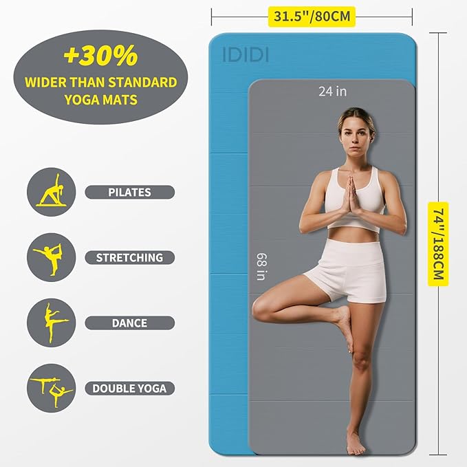 Foldable Yoga Mat Extra Thick & Large (74" x 31.5" x 0.32"), Double-Sided Non Slip & Lightweight Fitness Mat, 8mm Thick Wide Exercise Mats for Woman Man Kids, Portable Workout Mats for Travel, Studio or Home Use