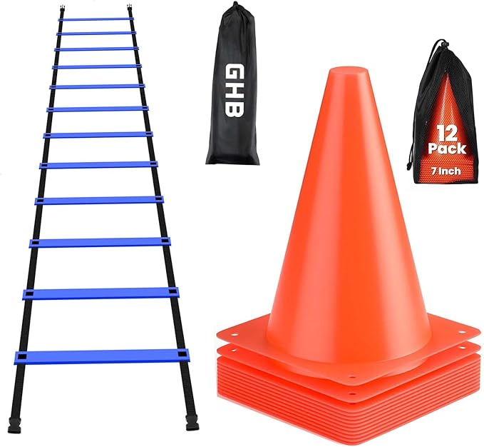 GHB Agility Ladder 1 Pack and 7 Inch 12 Pack Soccer Cones 2 Carrying Bag