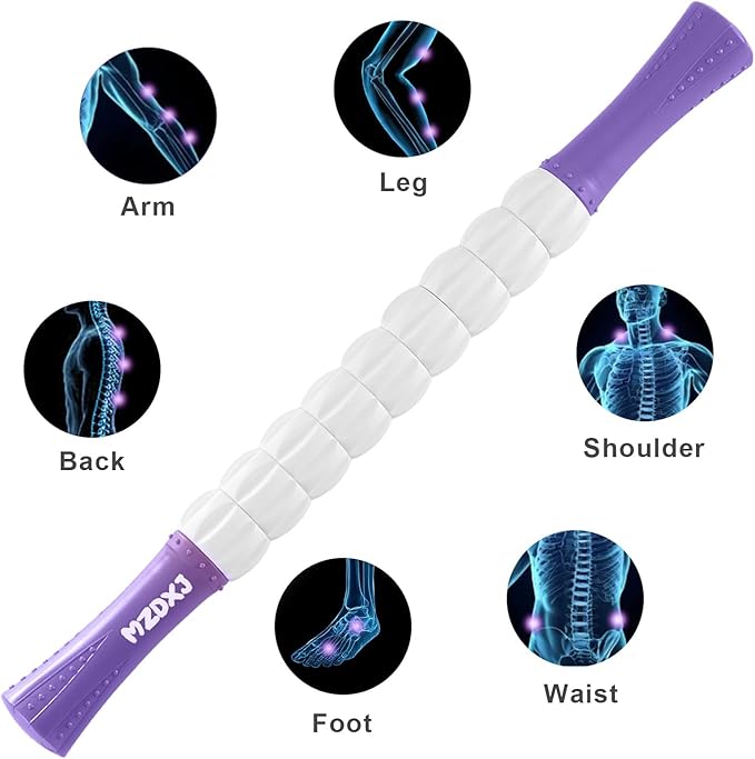 Muscle Roller Massage Roller Stick- Deep Tissue Fascia Blaster for Myofascial Pain Relief, Lymphatic Drainage & Body Sculpting, Handheld Physical Therapy & Recovery Tool (Purple White-18 inch)