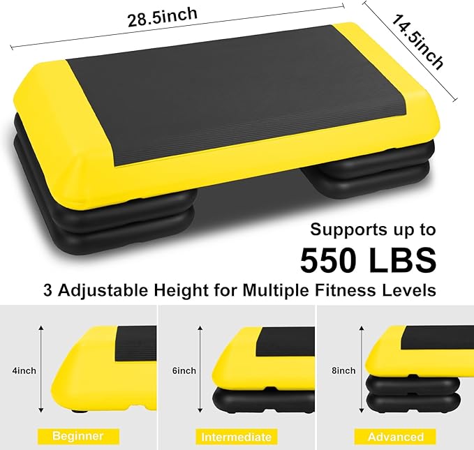 Adjustable Aerobic Stepper Workout Step with 4 Risers Fitness & Exercise Platform Trainer