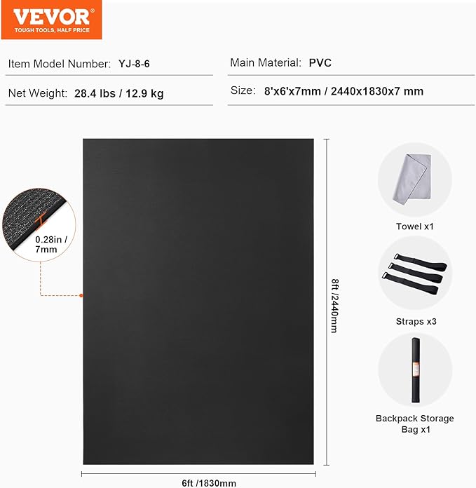 VEVOR Large Exercise Mat, 12'x6'/10'x6'/9'x6'/8'x6'/8'x5'/7'x5'/6'x4' (7mm) Extra Thick, Non Slip High Density Premium Workout Mat, Exercise Yoga Mat for Men & Women, Fitness & Exercise Mat with Bag & Carry Strap, for All Types of Home Yoga, Pilate & F...