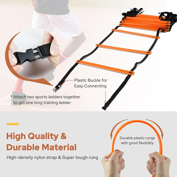 GHB Agility Ladder 1 Pack and Hex Agility Rings 1 Pack 12 Rung 20ft with 3 Carrying Bag