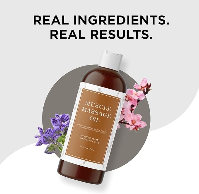 Sore Muscle Massage Oil for Body - Relaxing Therapy With Lavender and Rosemary Oils for Muscle Relief - Gentle Warming for Pro or Home Use (16oz)