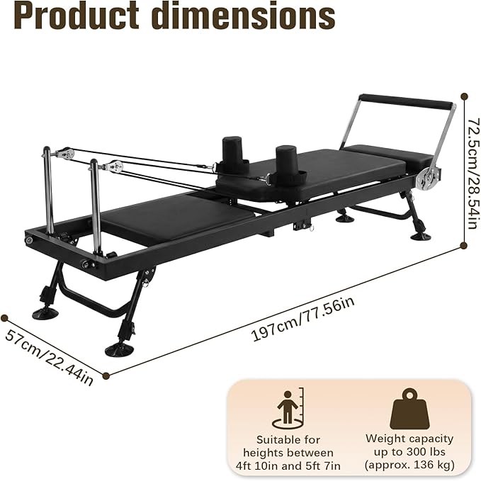 Generic 78 in Pilates Reformer with Springs Resistance Adjustable Fitness Equipment 300 LBS Capacity Smooth Glide Carriage Reformer for Home and Studio Use