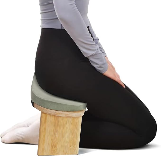 Bamboo Meditation Bench with Cushion, Folding Kneeling Meditation Bench, Portable Kneeling Chair for Kneeling or Sitting, 396.83lbs Load Max (Green)