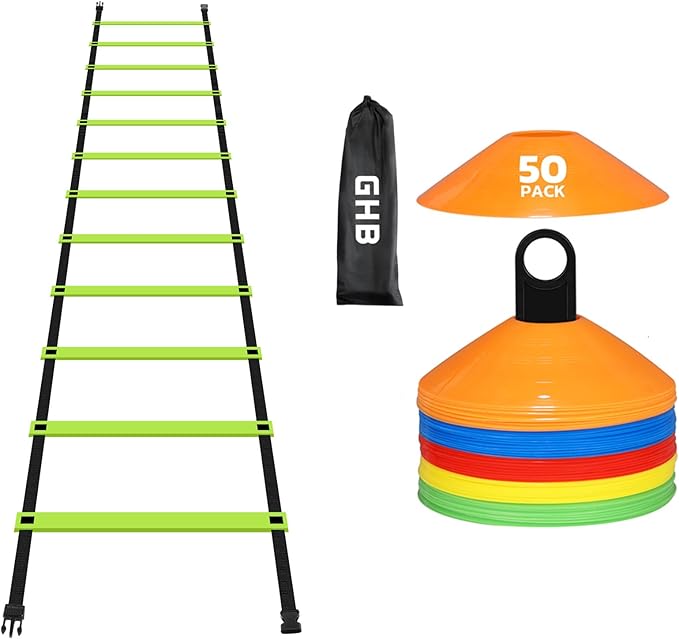 GHB Agility Ladder 1 Pack and Disc Cones 50 Pack 2 Carrying Bag