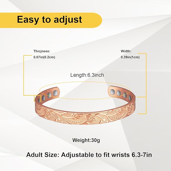 Copper Bracelet for Women, 6.5inch Pure Copper Flower Adjustable Bracelet with Magnets, Copper Jewelry Present（1042）