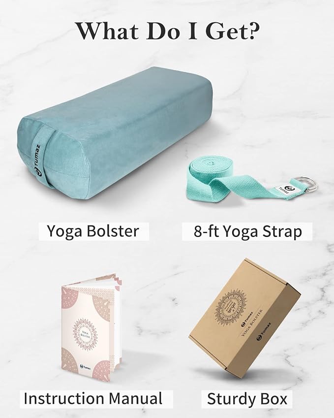 Tumaz Yoga Bolster Set - Rectangular Bolster Pillow for Restorative Yoga, Soft Meditation Pillow with Carry Handle and 8-Feet Strap, Machine Washable Cover