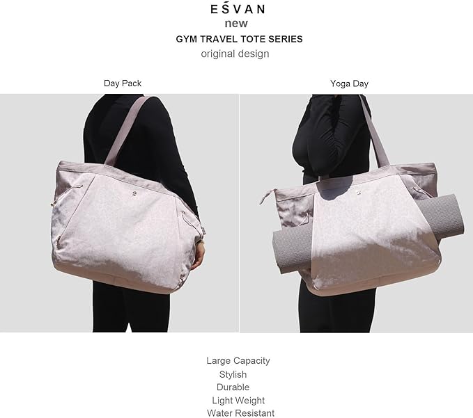 ESVAN Yoga Tote Bag for Women Shoulder Bags Drawstring for Office Workout Travel Carryall Pilates Gym and Beach