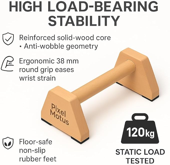 Wooden Push Up Bars – Solid Beechwood Parallettes with Ergonomic Wrist-Friendly Handles, Non-Slip Rubber Feet, Heavy-Duty Home Workout Bars for Calisthenics, Strength Training & Dips