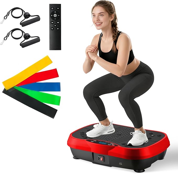 ALSO GO Vibration Plate Exercise Machine, 10 Modes & 200-Level Vibration Platform for Weight Loss/Lymphatic Drainage, 400lbs Vibration Board with Music and Resistance Bands for Full Body Workout, Red