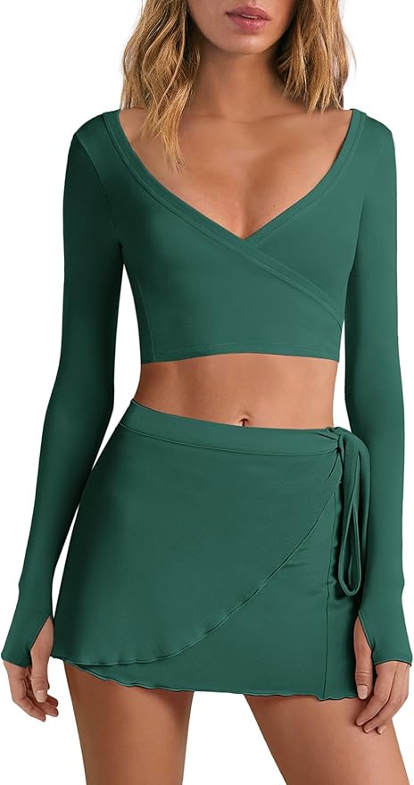Nirovien Womens 2 Piece Workout Sets Sexy Pilates Outfits Athletic Gym Yoga Sets Ballet Wrap Top and Skirt