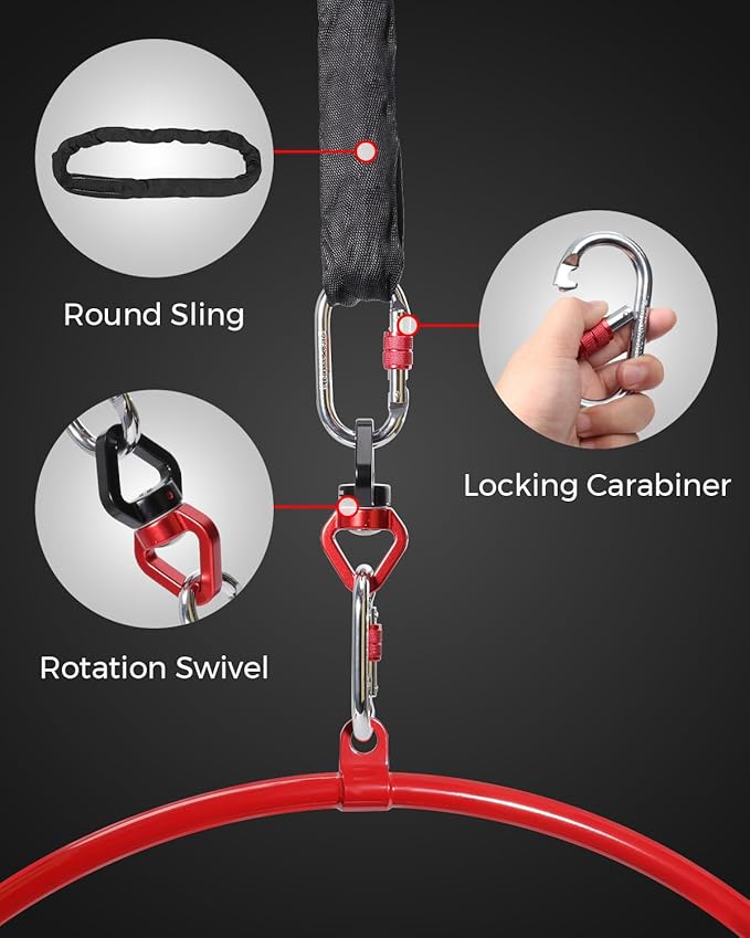 DASKING Premium Red Aerial Hoop Kit 85cm (33.5")/90cm (35.4") Single-Point Ring, Professional Aerial Ring Set, 2-Ton Safety System & Glossy Finish