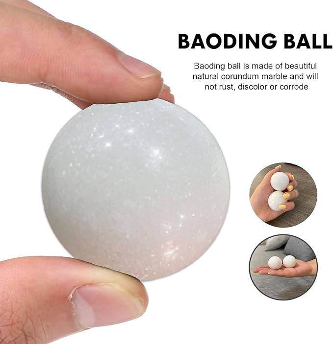 Natural Marble Baoding Chinese Meditation Balls, Stress Relief Hand Exercise Therapy Set with an Upgraded Shockproof Imitation Wood Box, 2-Piece Set,White Small-1.38"