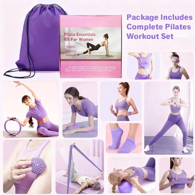 Pilates Equipment Set for Home Workouts –15in1 Home Pilates Kit with Ring and Ball Set, Resistance Bands, Pilates Yoga Accessories, Core Sliders & Ankle Weights, Pilates Essentials Kit