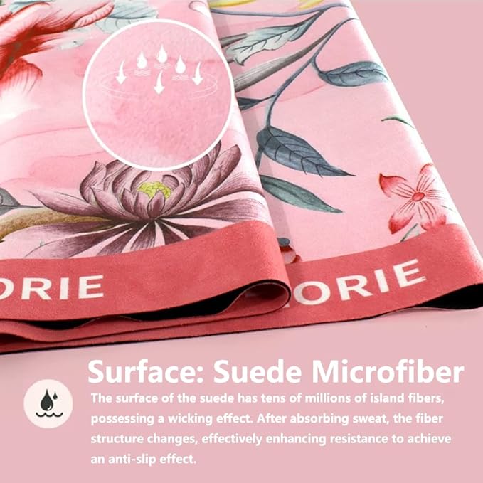 Hot Yoga Mat Towel for Women | Non-Slip Natural Rubber Backing | 72"x26.7" Absorbent Suede Microfiber & Floral Design | Lightweight & 1mm Thin for Pilates, Gym, Travel