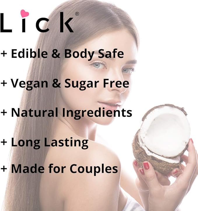 Lick Coconut Flavored Massage Oil – Tropical Edible Massage Oil with Sweet Almond Oil & Vitamin E, Hydrating Body-Safe Formula for Relaxing Couples Massage, 4 oz