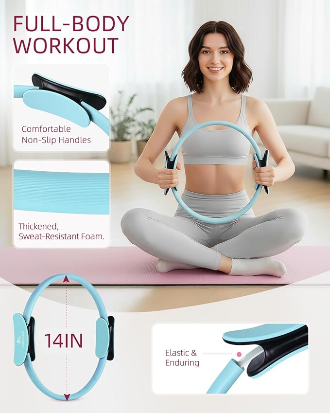 Abahub Pilates Ring Set, Home Workout Pilates Equipment, 14”Magic Circle, Yoga Ball, Resistance Bands, Sliding Disks, Socks, Fascial Ball, Workout Guide & Bag, Blue Set