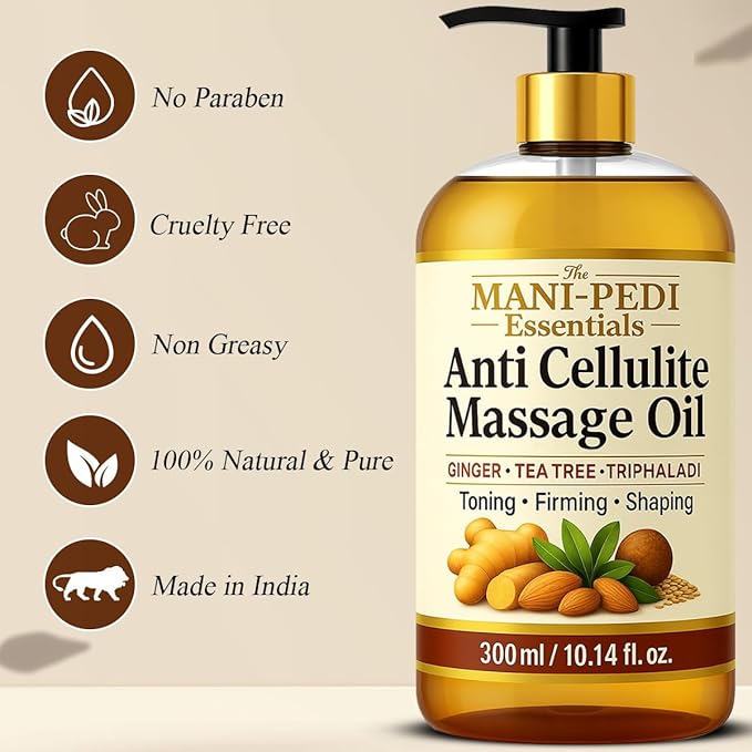 Anti Cellulite Massage Oil with Ginger Oil for Lymphatic Drainage Massage. Enriched with Tea-Tree Oil & Natural Herbs for Toning, Firming & Shaping. Natural & Organic - 10 Fl Oz