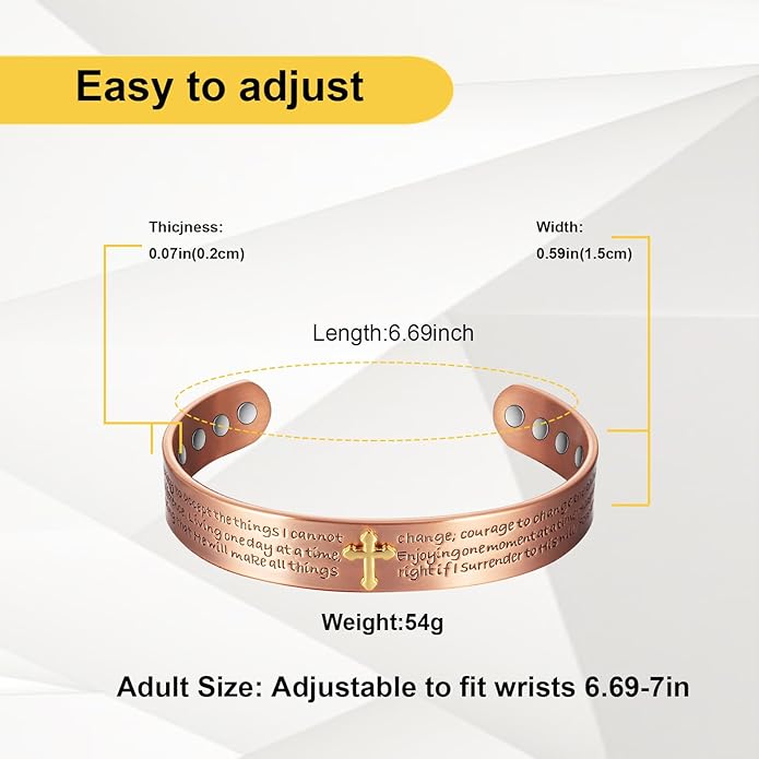 Copper Bracelets for Men Women,6.69in Pure Copper Adjustable Christian Magnetic Bracelet, Fashion Jewelry Gifts (2053)