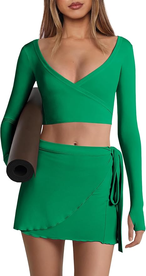 Nirovien Womens 2 Piece Workout Sets Sexy Pilates Outfits Athletic Gym Yoga Sets Ballet Wrap Top and Skirt