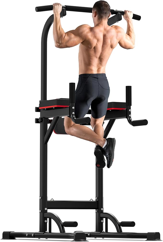 Outdoor Basic Power Tower, Pull Up Bar and Dip Station for Home Gym, 1400LBS Weight Capacity, Adjustable Height, Heavy Duty Steel Frame for Calisthenics, Strength Training Fitness Equipment