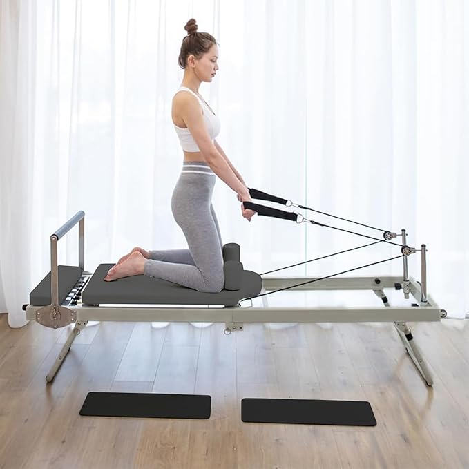 Foldable Pilates Reformer & Equipment,Adjustable Angle Pilates Machine,Portable Pilates Reformer,Pilates Reformer Workout Machine for Home Gym-Up to 300 Lbs Weight Capacity,Black/Beige