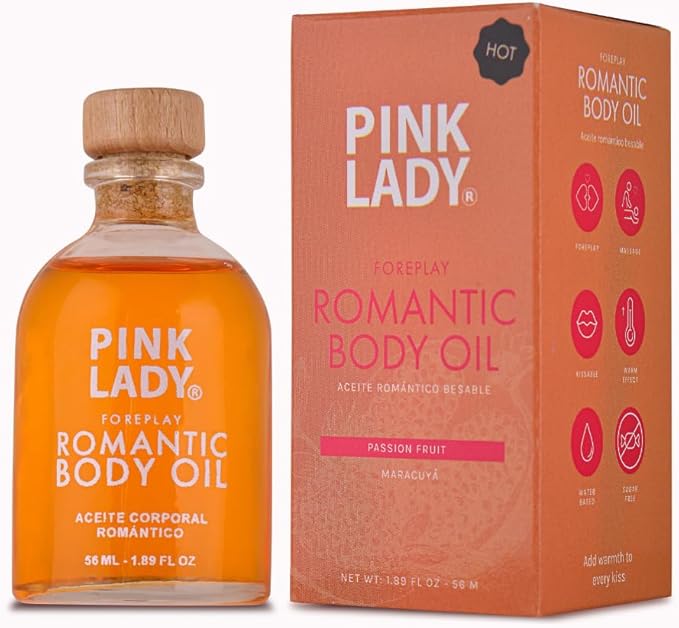 PINK LADY Romantic Body Oil Strawberry and Champagne - 1.90 fl oz / 56 ml - Kissable Warming Body Treat for Foreplay Fun, Water Based (Passion Fruit)