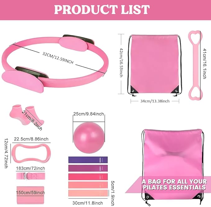 Pilates Ring 13 Piece Set,Pilates Kit for Women Exercise Equipment Accessories Deformation Magic Circle with Padded Handles, Workouts Ball, Guide & Bag, Resistance Bands for Legs Arms and Thighs