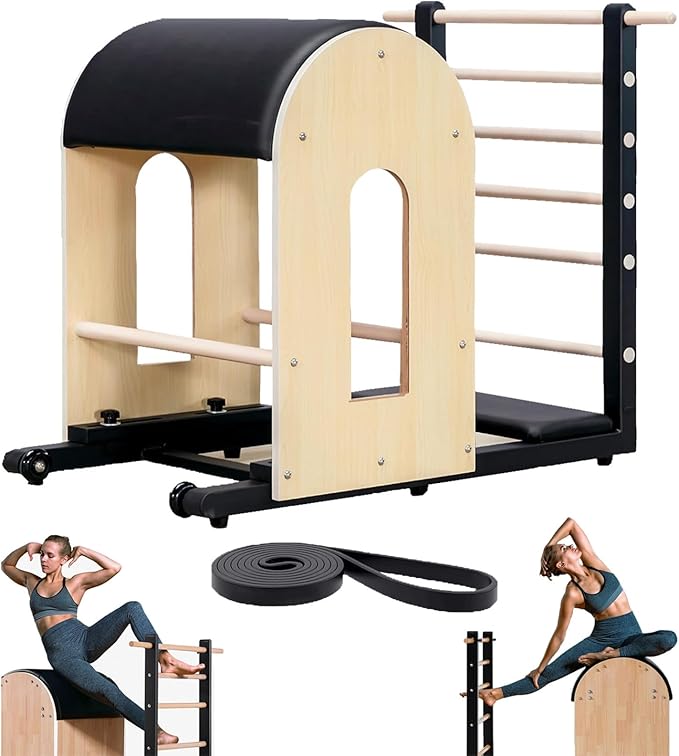 Wooden Pilates Ladder Barrel, Core Exercise Equipment with Resistance Bands, Spine Corrector Machine for Home Workout, Balance, Stretching Black