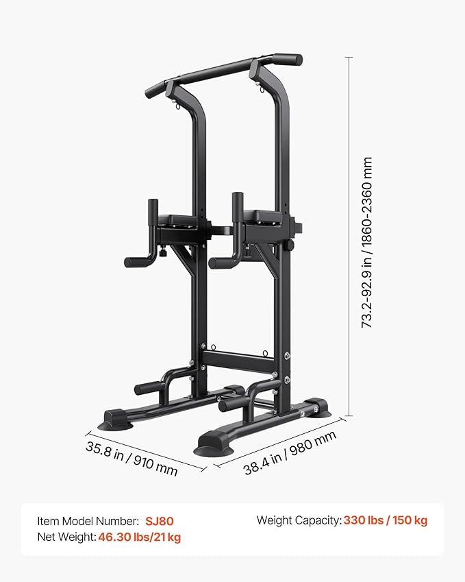 VEVOR Pull Up Bar, 330 LBS Power Tower Dip Station, Workout Dip Station with H-Shaped Stable Base & Back Pad, Adjustable 12 Level Height Free Standing Chin Up Bar for Back, 4-Level Adjustable Back Pad