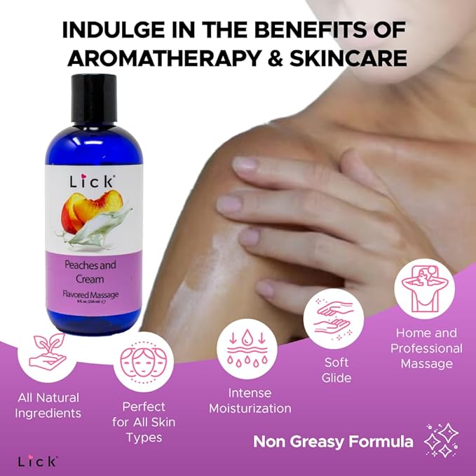 Lick Peaches and Cream Flavored Massage Oil – Sweet Dessert-Inspired Edible Massage Oil with Vitamin E, Smooth Body-Safe Glide for Couples Massage Nights, 8 oz