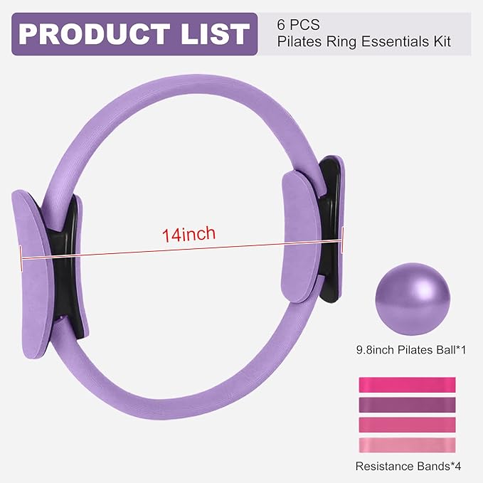 Home Pilates Kit for Women， Pilates Essentials Kit for Women，Pilates Equipment，14 Inch Fitness Circle, 9 Inch Yoga Ball 5 Resistance Bands for Beginners Home Workouts