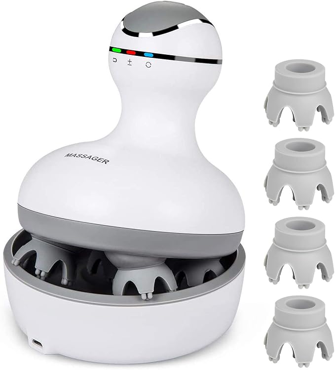 cotsoco Electric Scalp Head & Back Massager, Cordless Hair Massage Waterproof Head Massager with 4 Heads 84 Nodes for Hair Growth, Stress Relief & Deep Clean, Gifts for Men Women, White
